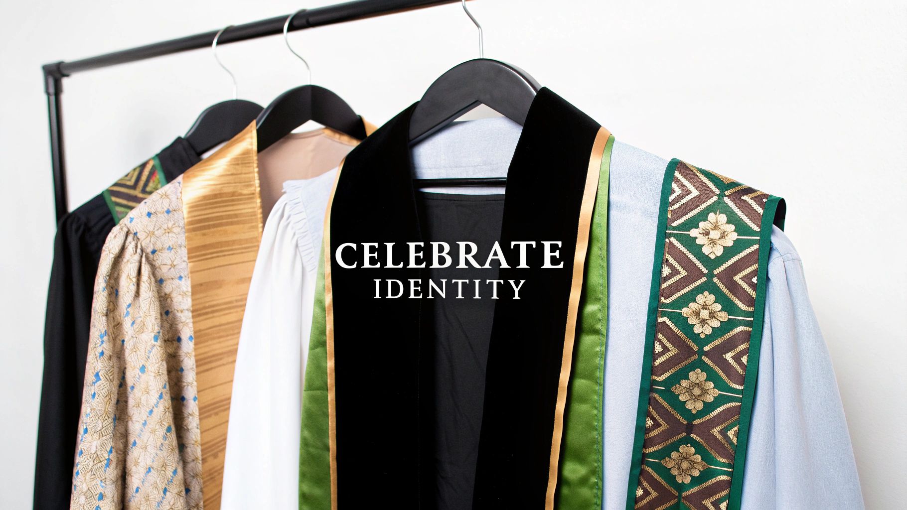 Three vibrant graduation stoles on a rack, celebrating identity with cultural designs.