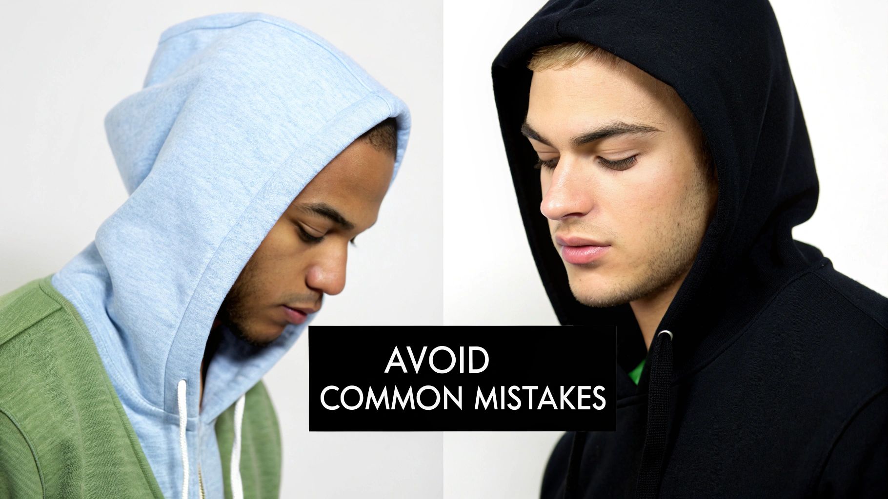 Two young men in profile wearing hoodies; one light blue and green, the other black, with text overlay "AVOID COMMON MISTAKES".