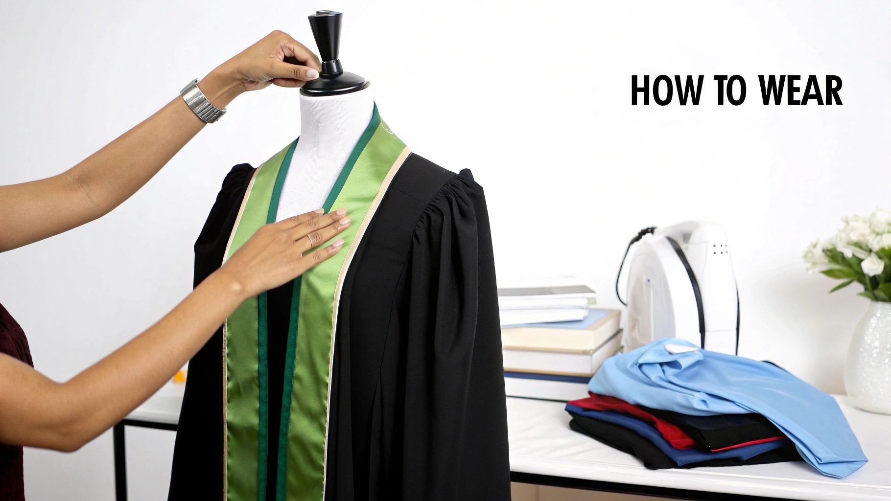 A person adjusts a green graduation stole on a black gown on a mannequin, demonstrating how to wear it.