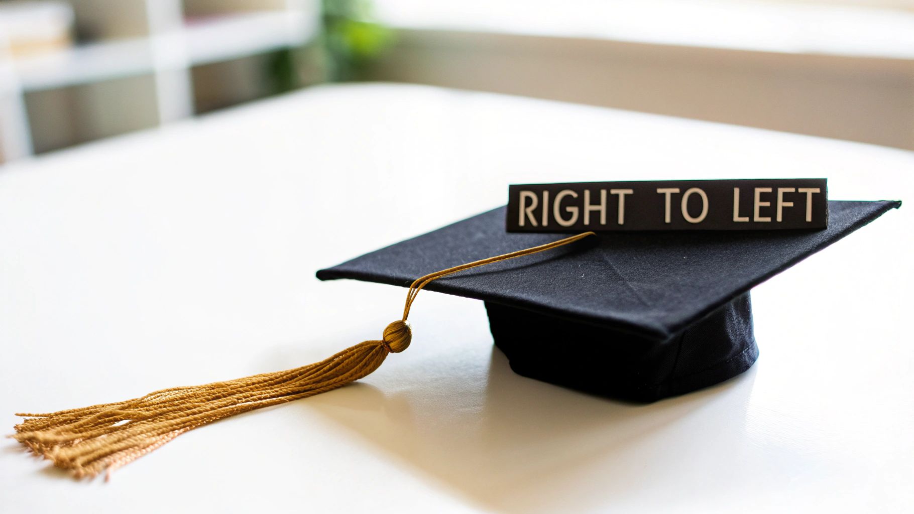 A black graduation cap with a gold tassel and a sign displaying 'RIGHT TO LEFT' on a white surface.