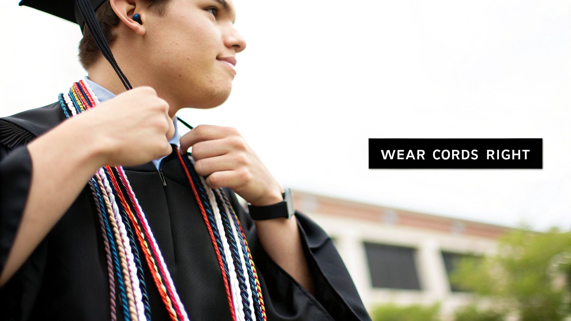 A young graduate adjusting their colorful honor cords over a black gown, looking forward.