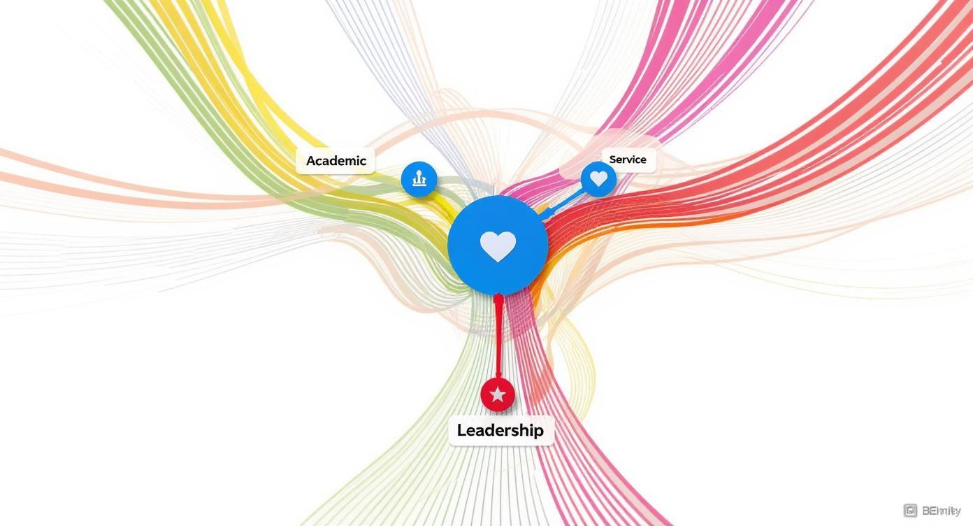 A concept map showing Academic, Service, and Leadership branches from a central heart icon.
