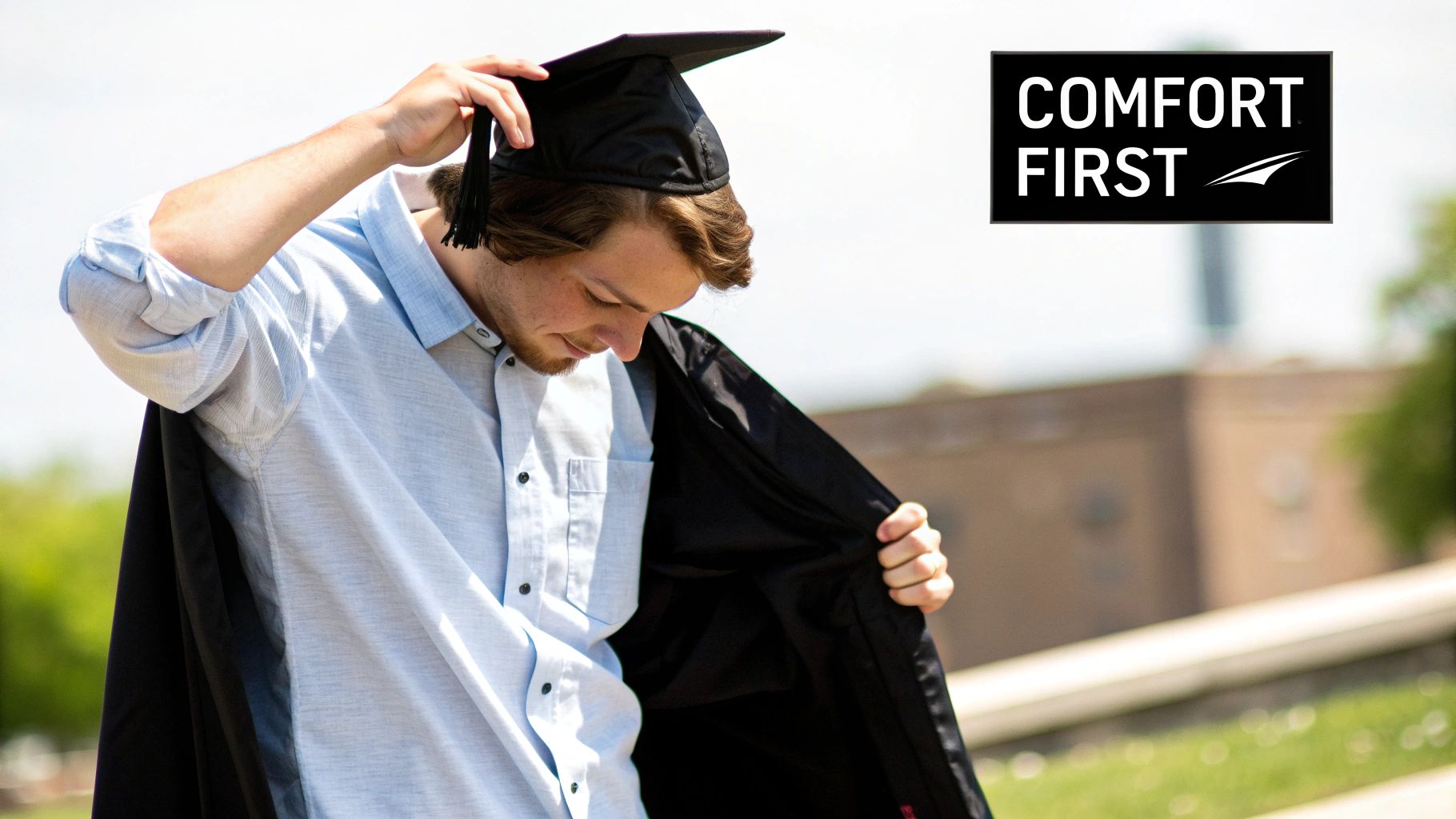 A young man in a light blue shirt puts on a black graduation cap and gown.