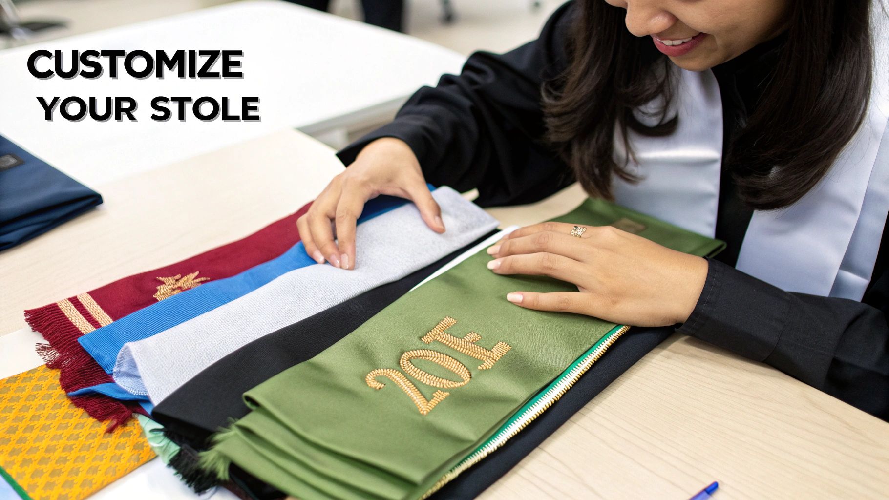 Student customizing graduation stoles with various colors and embroidered designs for graduation.