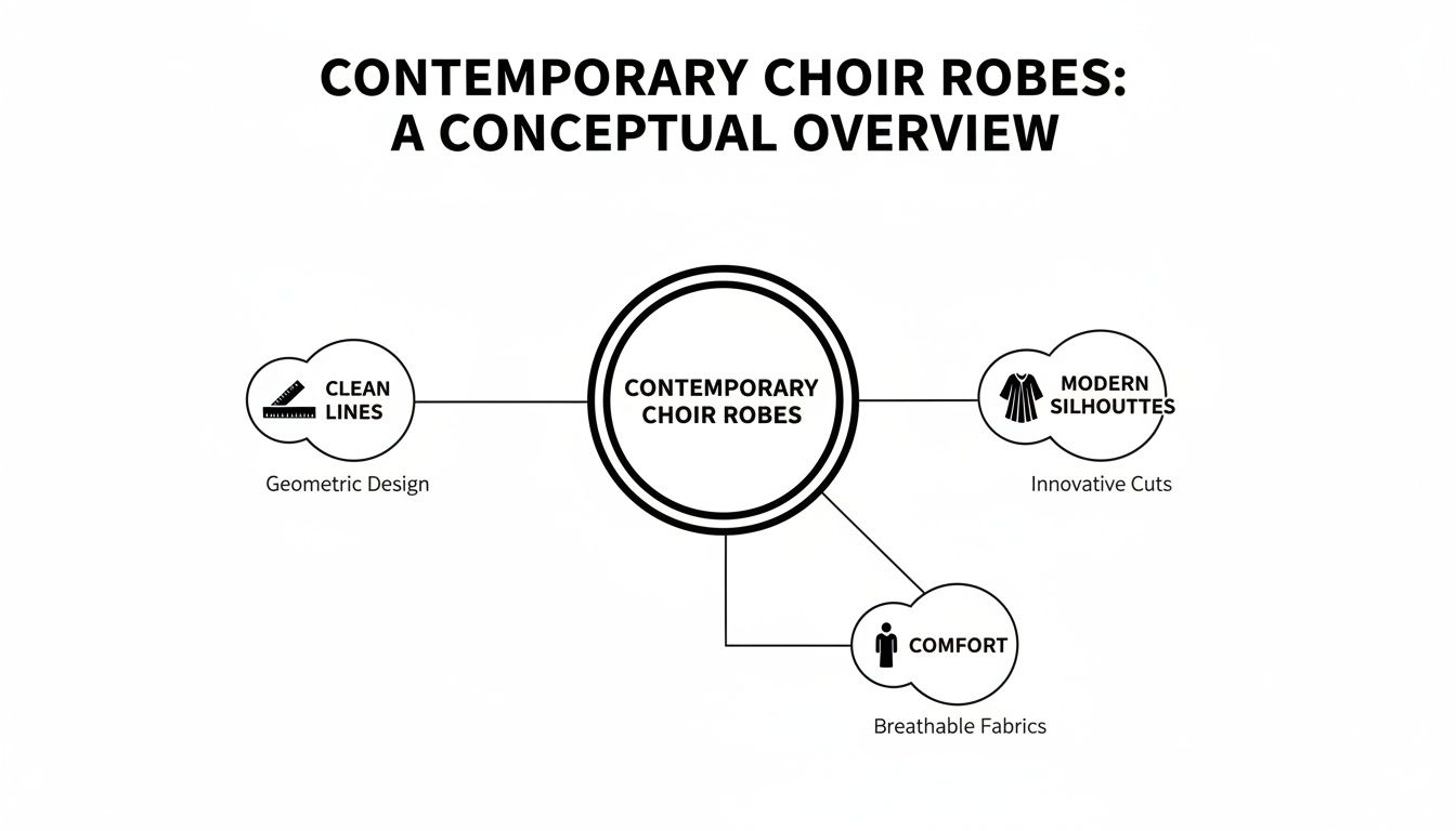 Conceptual overview of contemporary choir robes, highlighting clean lines, modern silhouettes, and comfort.