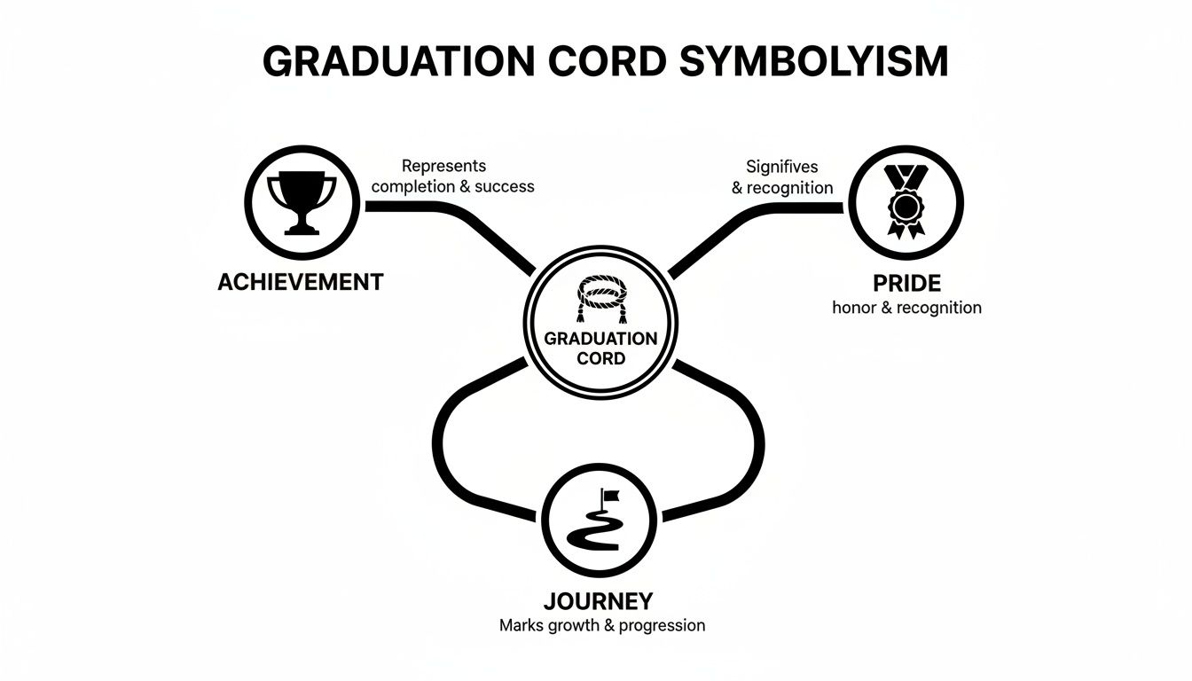 Diagram illustrating graduation cord symbolism, connecting it to achievement, pride, and the academic journey.