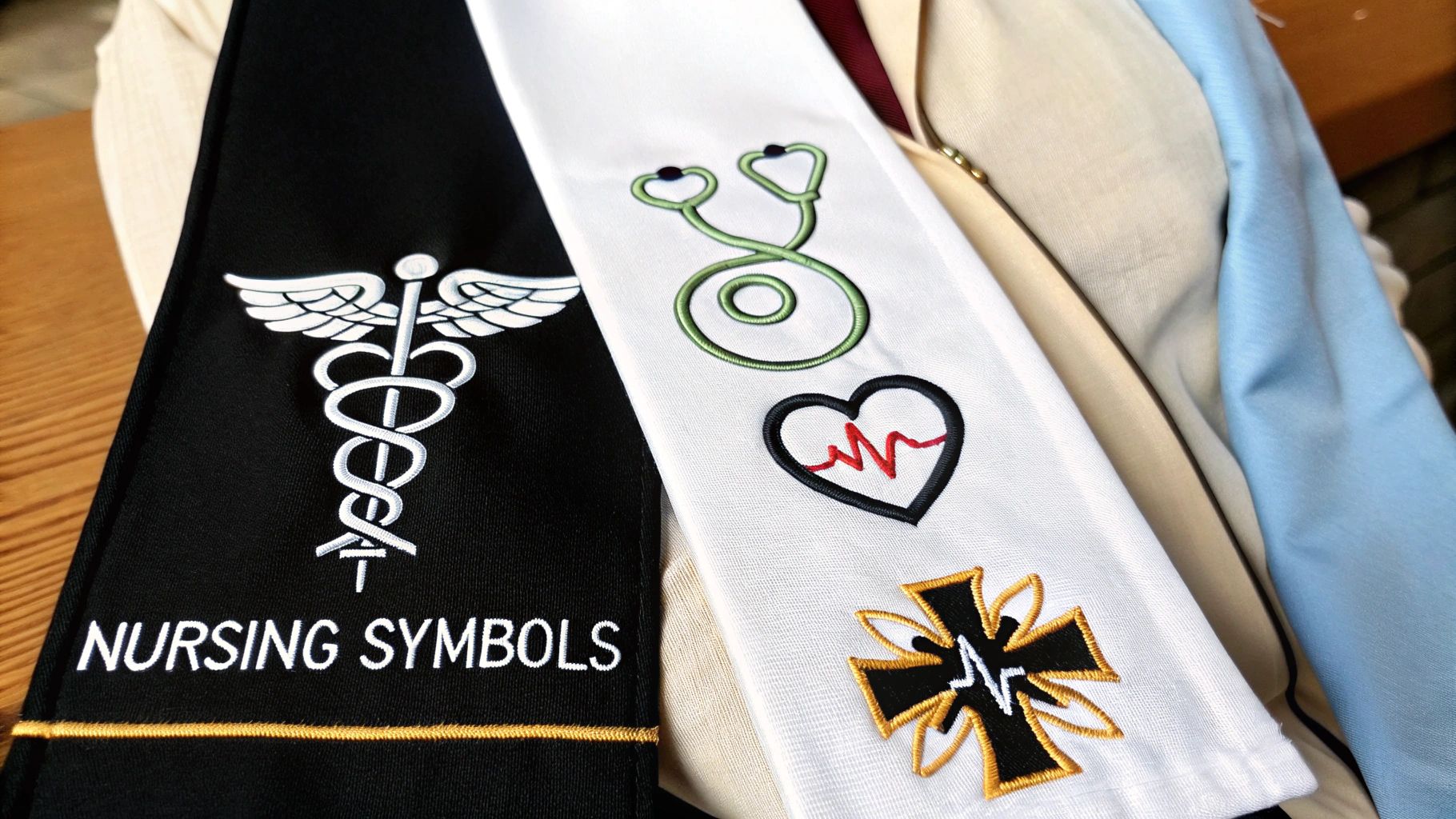 Black and white nursing graduation stoles featuring embroidered medical symbols like a caduceus, stethoscope, and heartbeat.