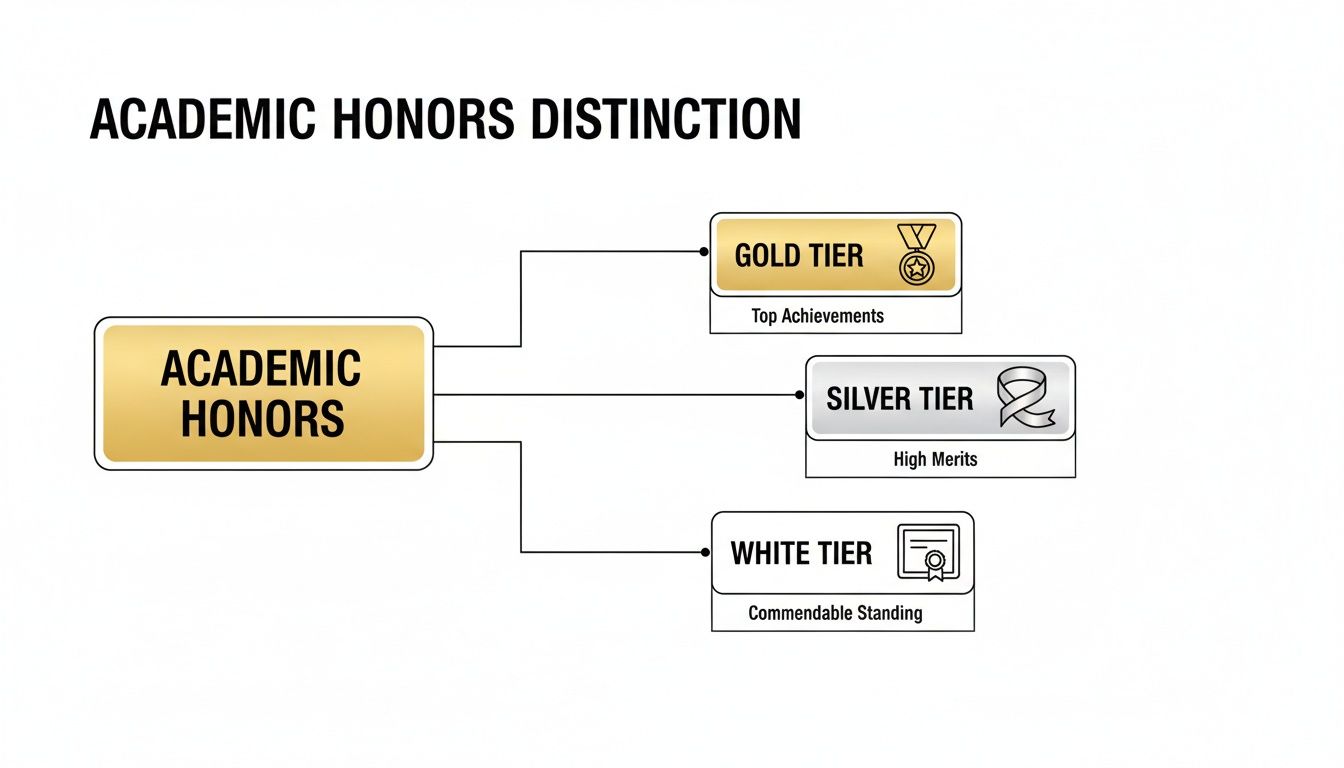 Infographic showing Academic Honors Distinction with Gold, Silver, and White Tiers based on achievements.