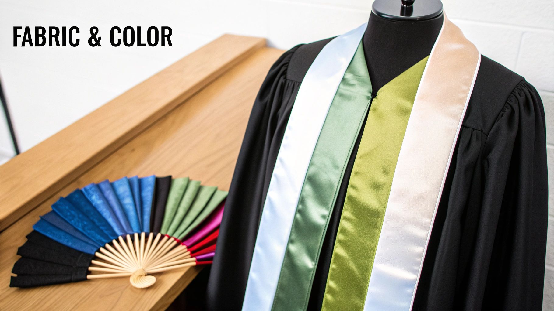 A black academic robe with four satin stoles in different colors, next to a fabric fan.