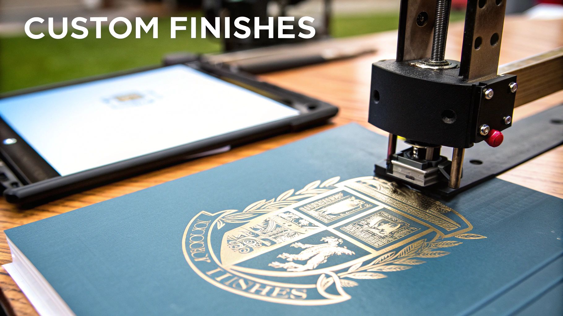 A machine applying a gold foil emblem onto a blue book cover, illustrating custom finishes.