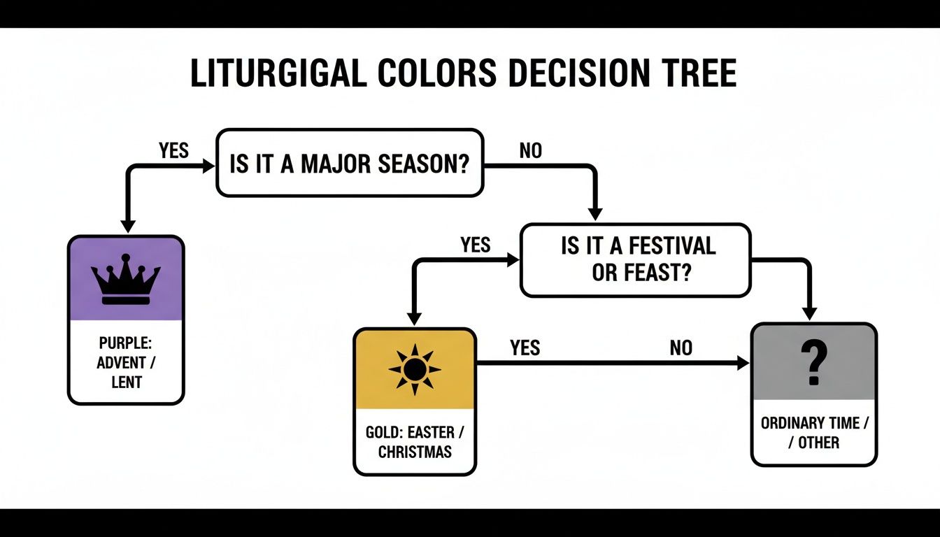 A liturgical colors decision tree showing purple for Advent/Lent, gold for Easter/Christmas, and ordinary time.
