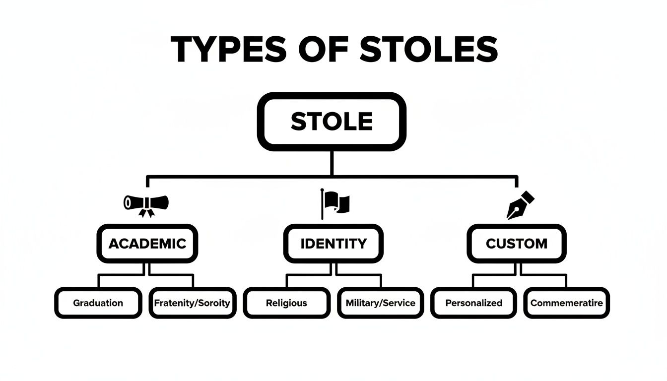 A diagram outlining different types of stoles, including academic, identity, and custom categories.