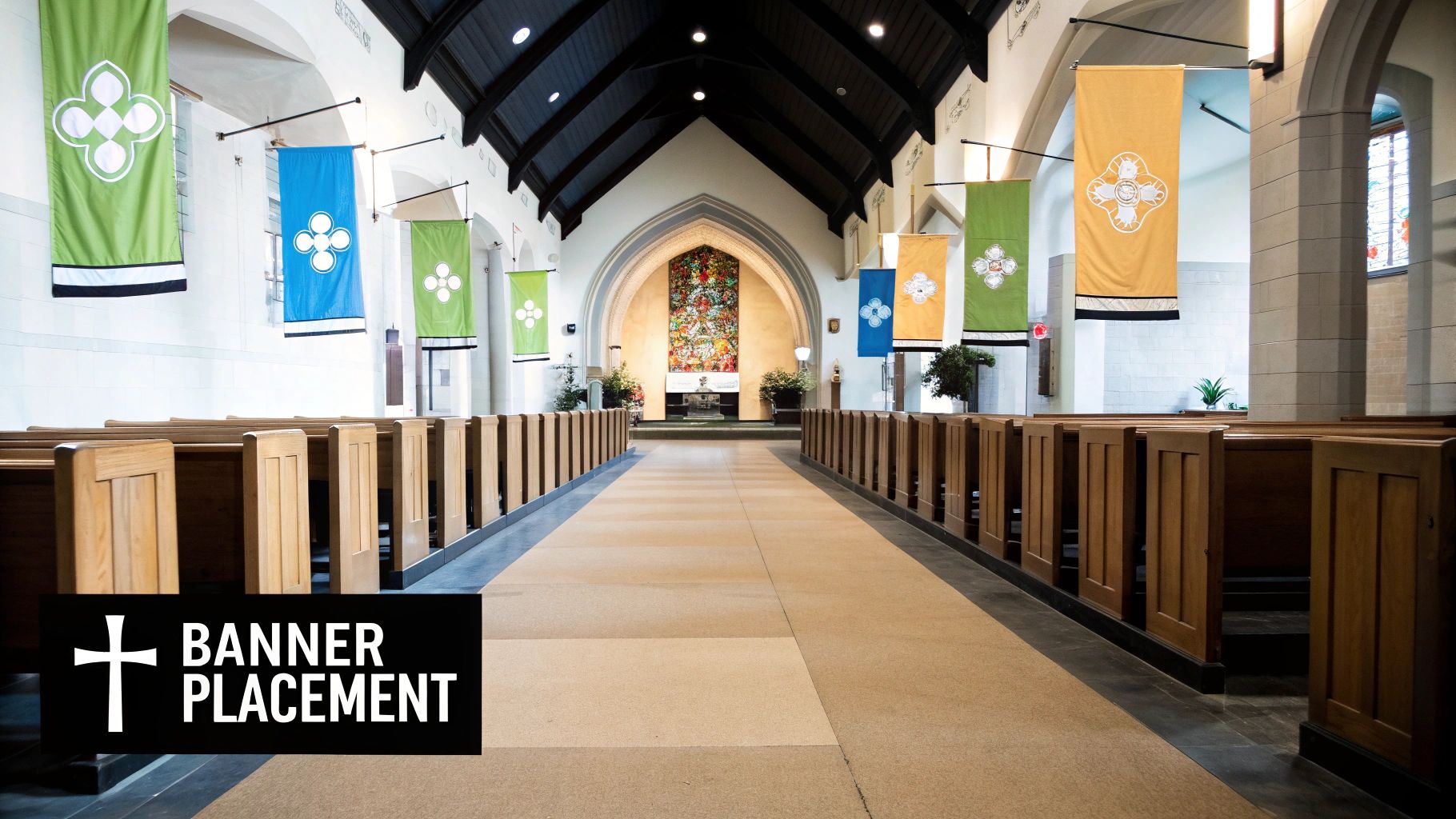 Interior of a church sanctuary with wooden pews, colorful banners, and a stained-glass window.
