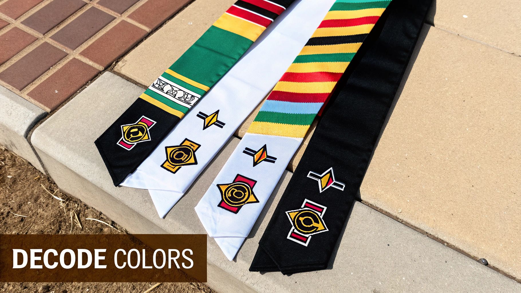 Four colorful graduation sashes with unique patterns and symbols, laid on a concrete and brick surface.