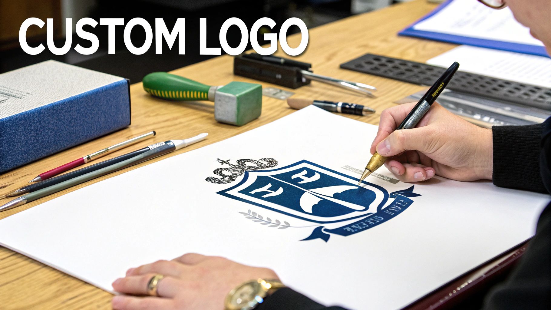 A person's hands meticulously drawing a detailed custom crest logo on paper with a pen, surrounded by design tools.