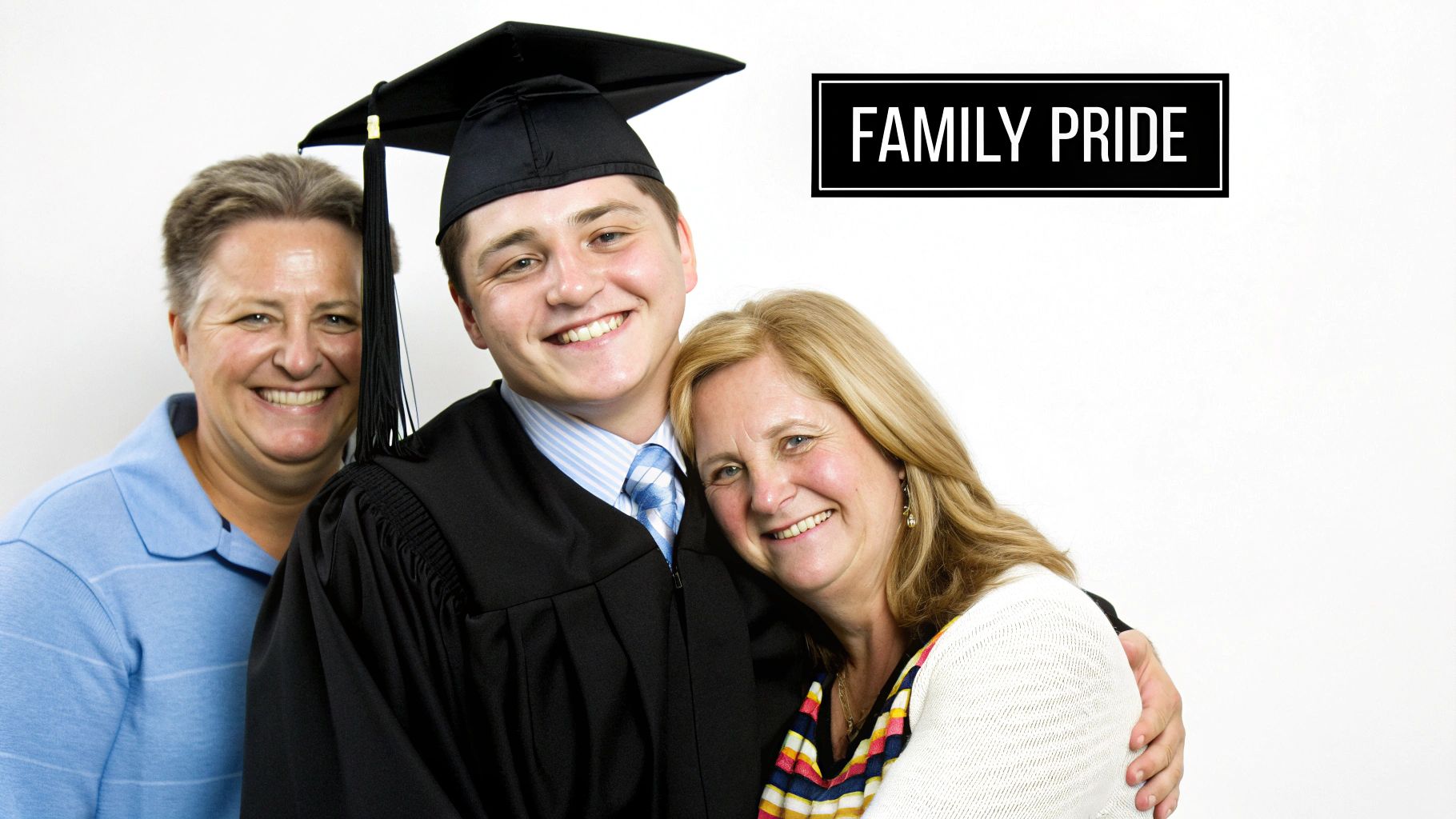 A proud graduate in cap and gown smiles with two women, celebrating family pride.