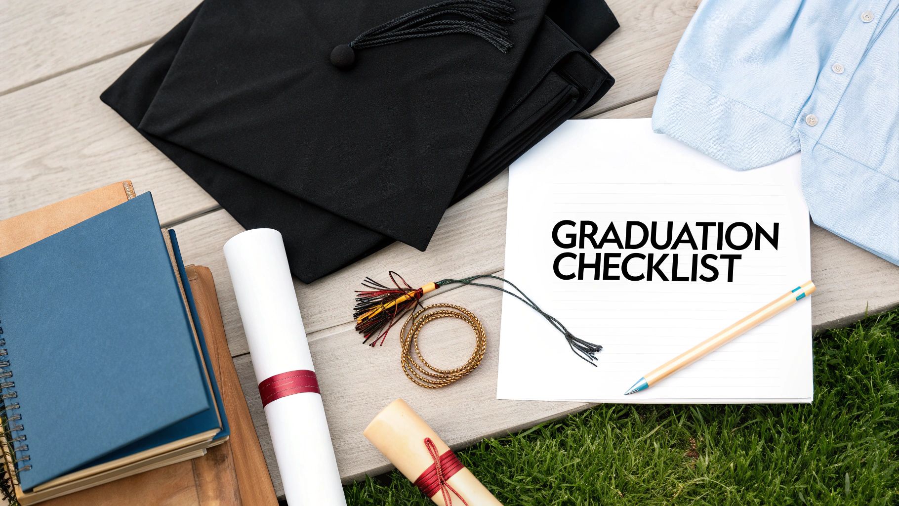 Graduate in a black cap and gown, smiling confidently, with a white and gold stole around their neck.