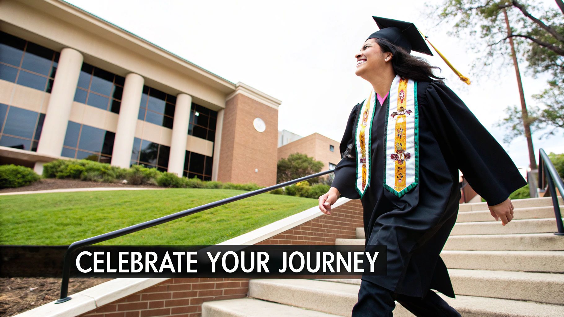 A group of Hispanic graduates proudly wearing their colorful serape graduation stoles.
