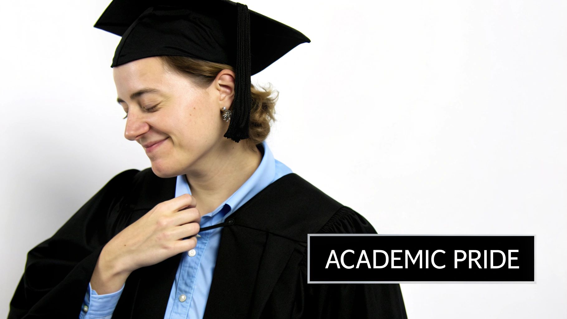 A smiling graduate in a black cap and gown, adjusting her collar, embodying academic pride.