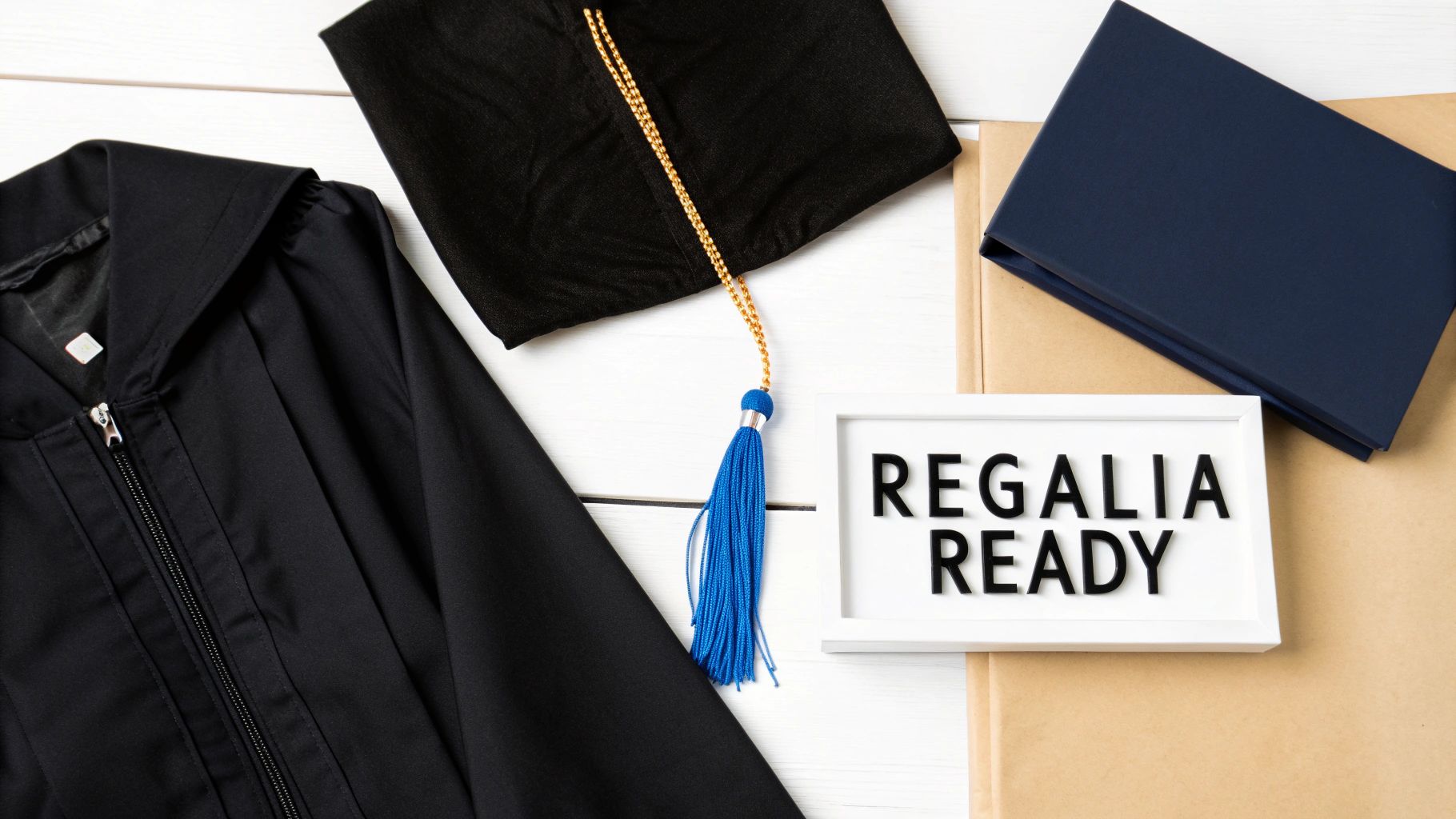 Graduation regalia laid out: black gown, cap with blue tassel, diploma cover, and 'Regalia Ready' sign.