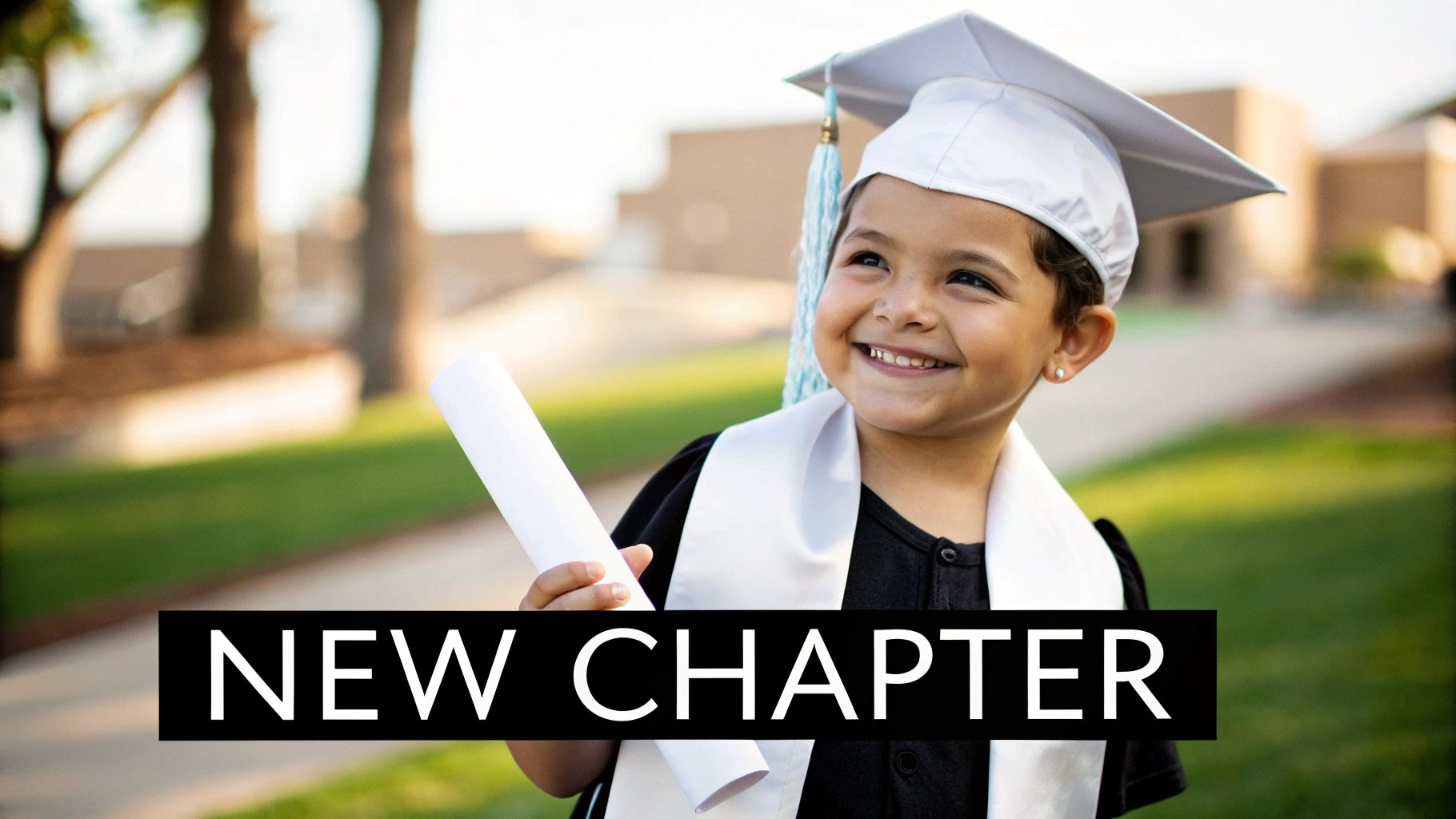 Happy young child in white graduation cap and stole, holding a diploma, smiling outdoors.
