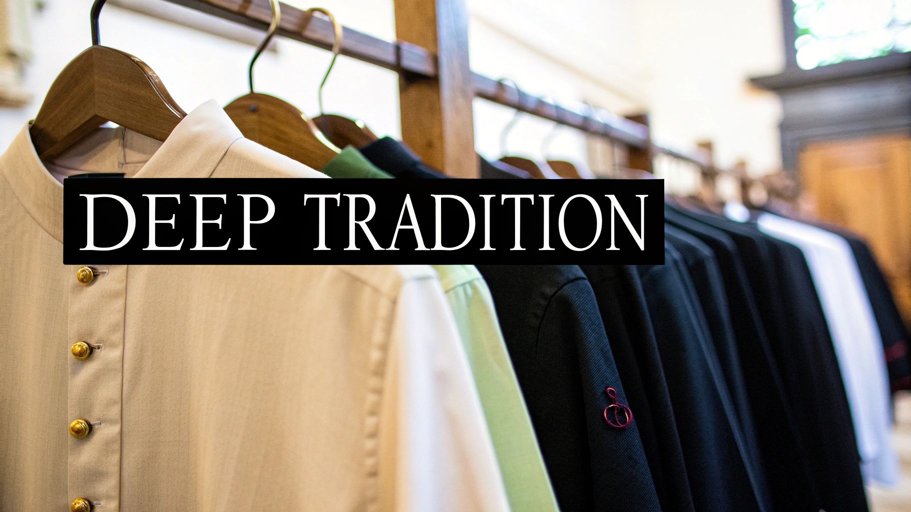 A close-up of various colored clerical cassocks, including beige, green, and black, hanging neatly on wooden hangers, with the text "DEEP TRADITION" overlaid.
