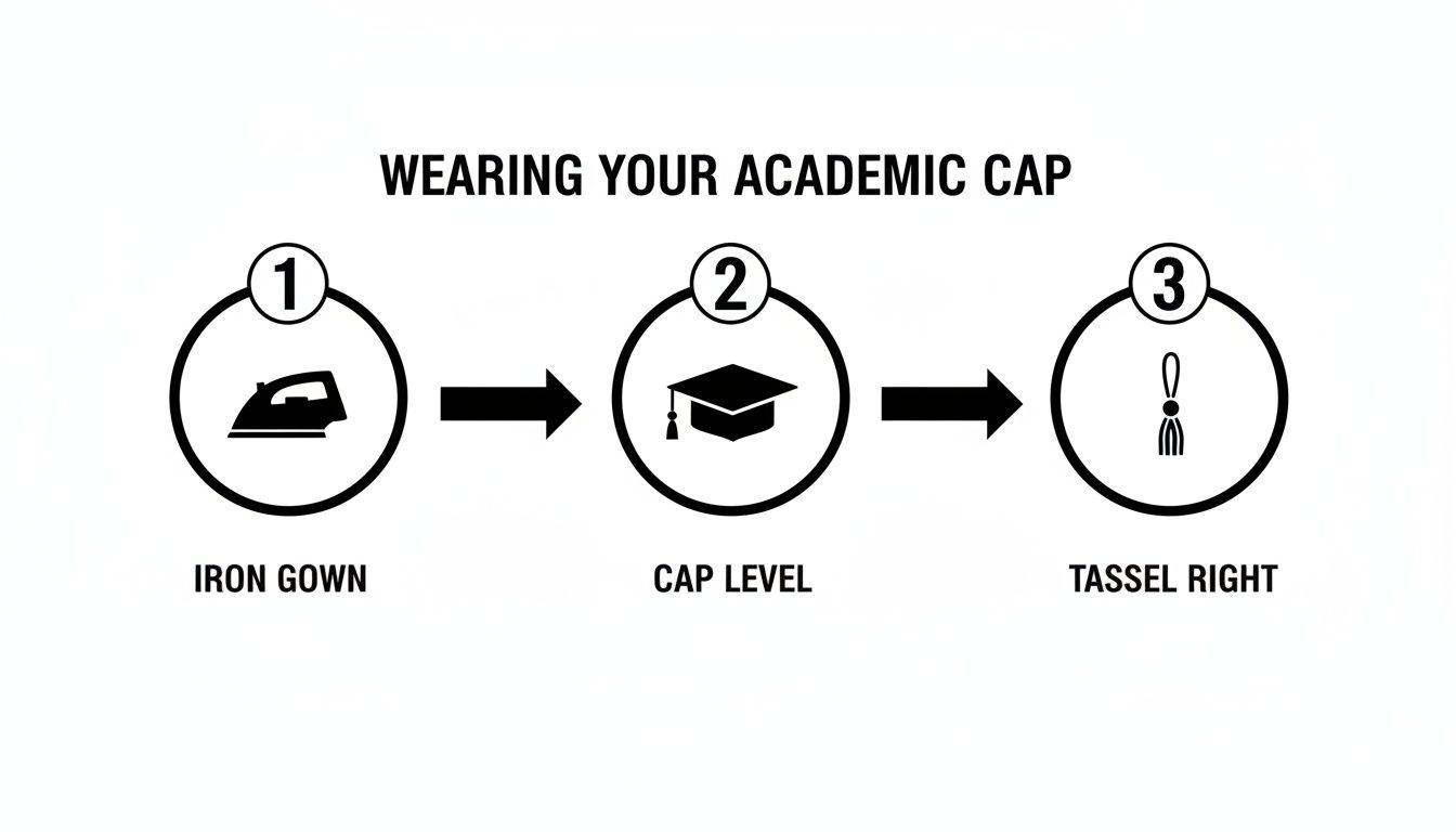 A three-step visual guide on wearing an academic cap: iron gown, ensure cap is level, and position tassel correctly.