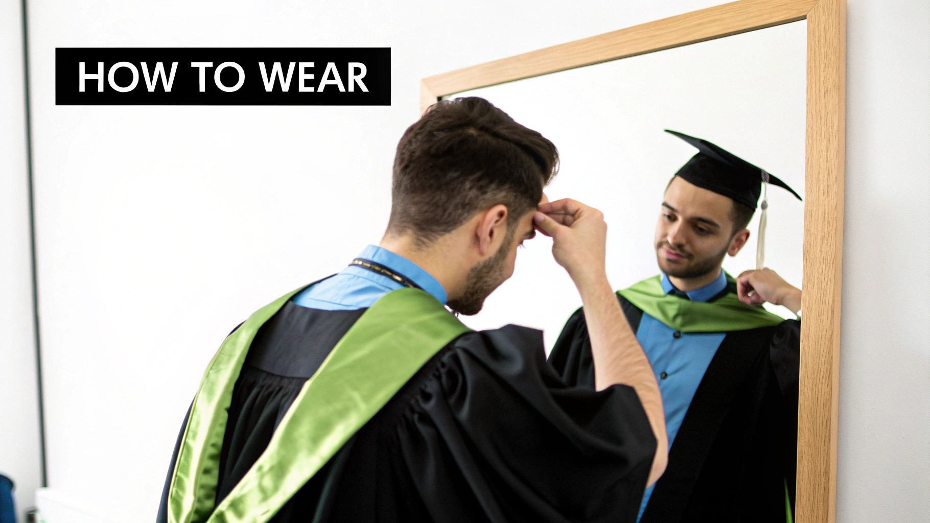 A man in a graduation gown and green stole looks in a mirror, adjusting his attire, with 'HOW TO WEAR' text.