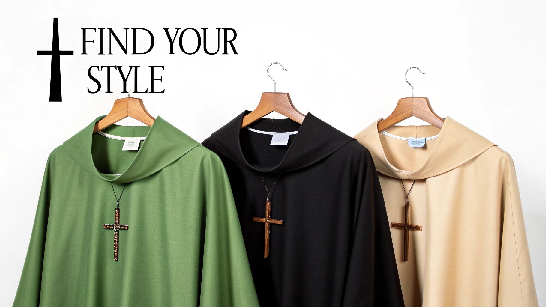 Three liturgical albs in green, black, and beige with crucifixes, advertising 'Find Your Style'.