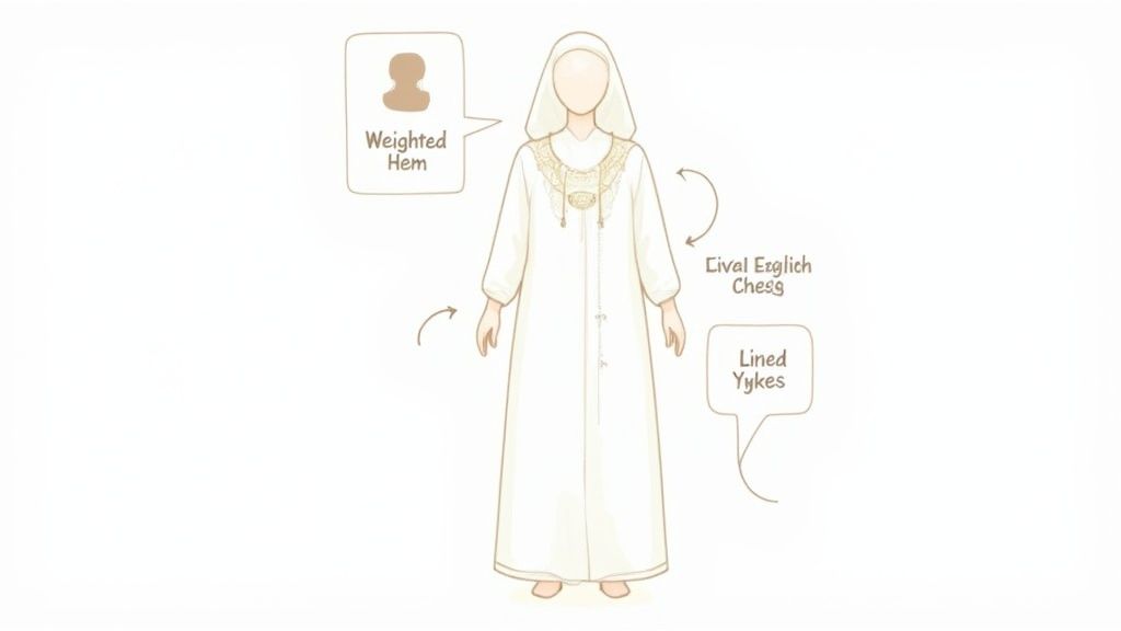 Illustration of a person wearing white, long-sleeved baptismal robes with detailed neck embroidery.