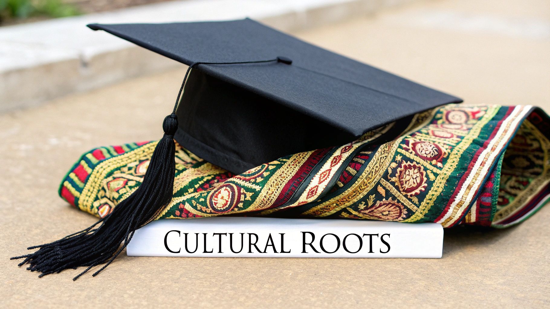 A black graduation cap with tassel rests on a colorful, embroidered fabric, alongside a book titled "CULTURAL ROOTS."