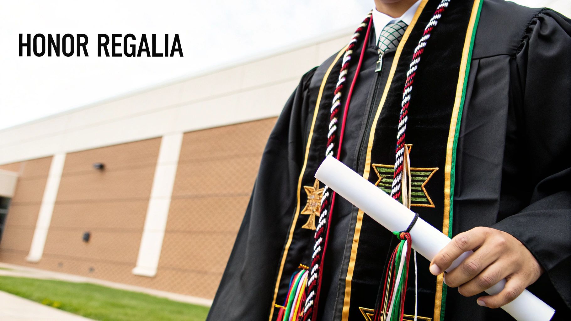 Graduate wearing black gown with colorful honor regalia stoles and cords holding diploma
