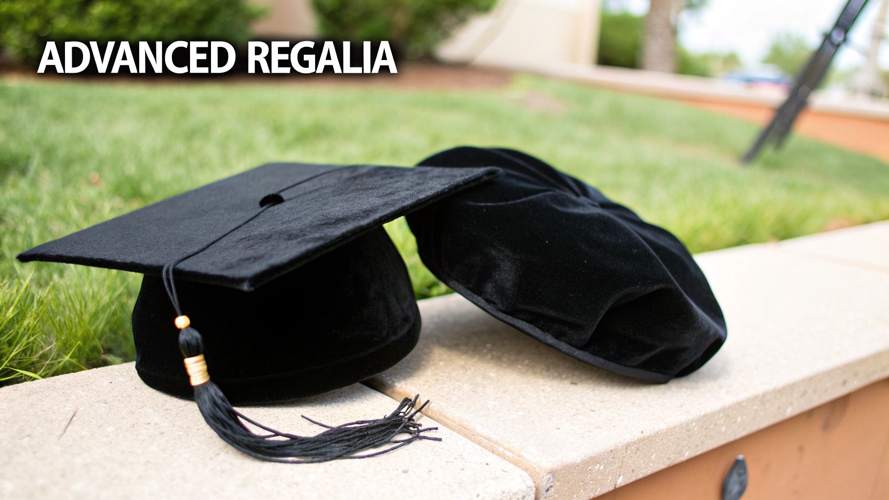 Two black academic caps, a mortarboard with a tassel and a velvet tam, on a stone ledge.