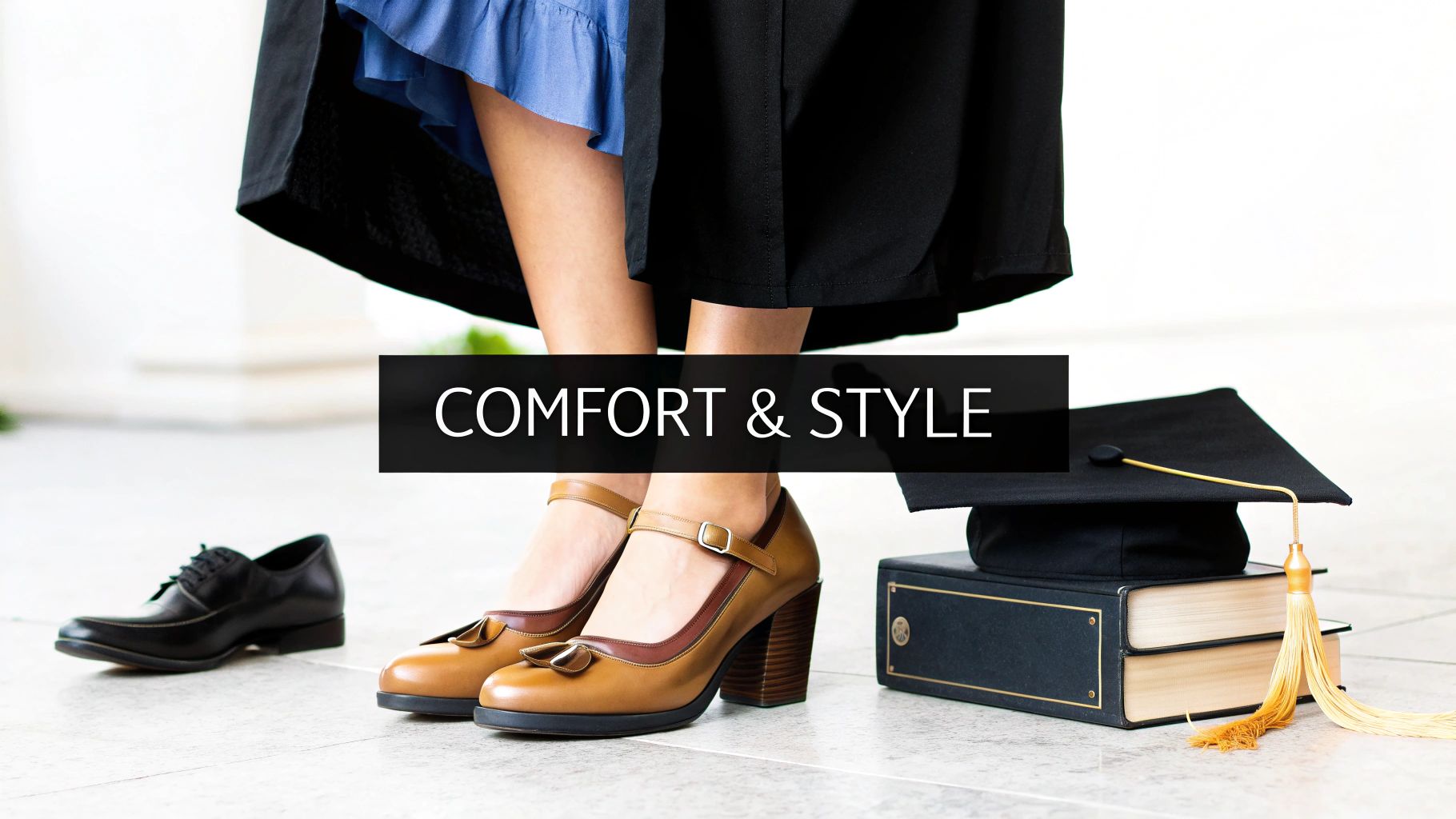 Person wearing graduation gown and stylish brown shoes, next to a graduation cap and books, with 'COMFORT & STYLE' text.