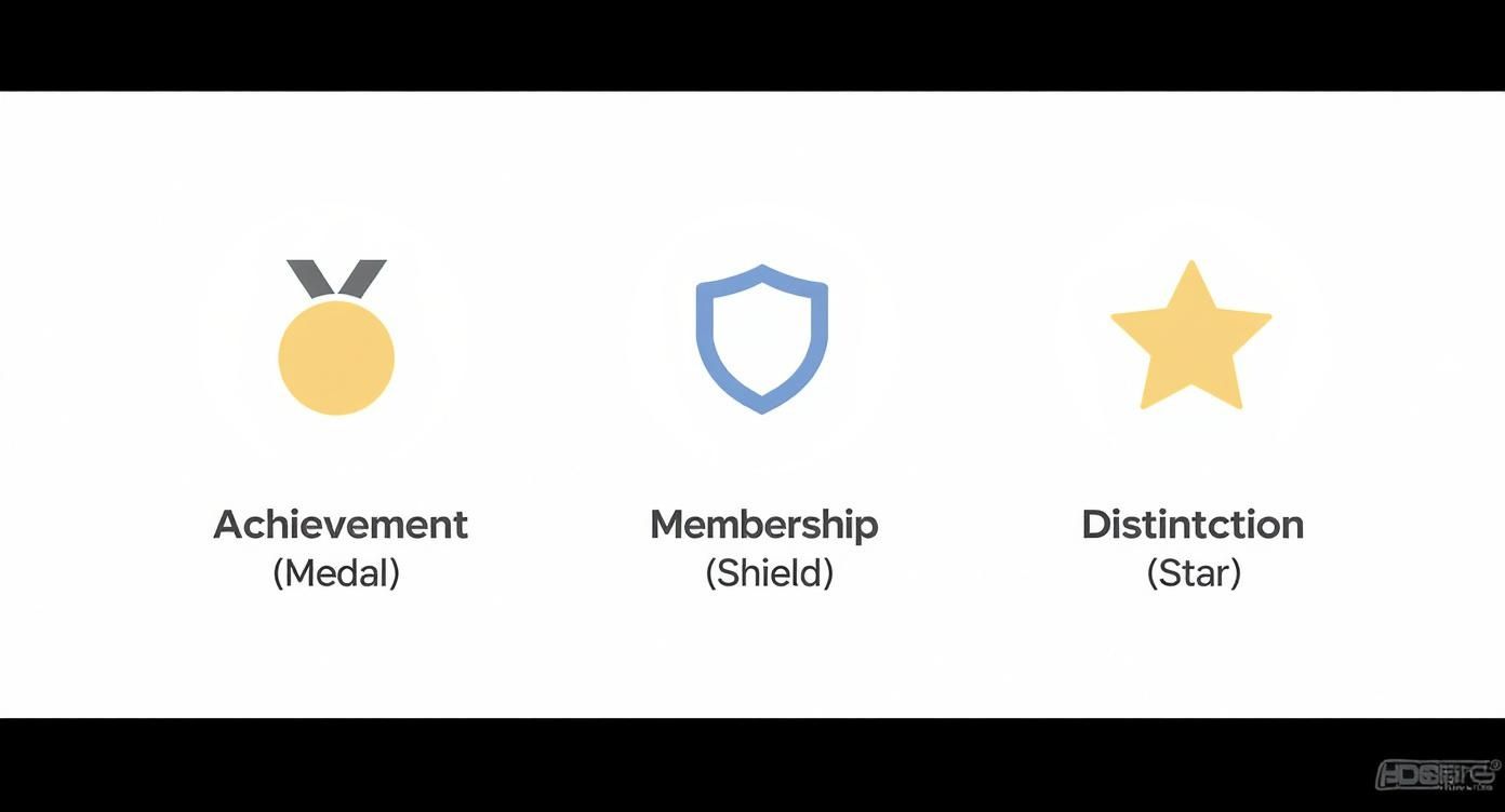 Three icons depicting a medal for achievement, a shield for membership, and a star for distinction.