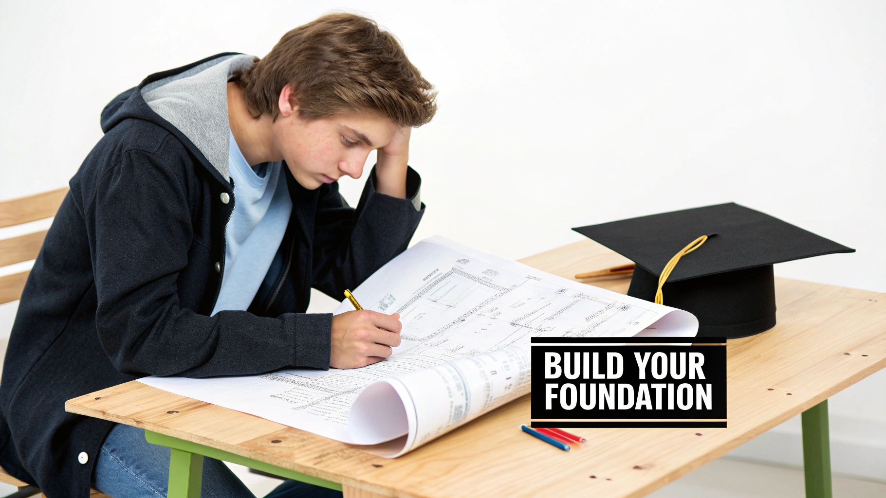 Young student intently studying architectural plans at a desk, with a graduation cap and "BUILD YOUR FOUNDATION" text.