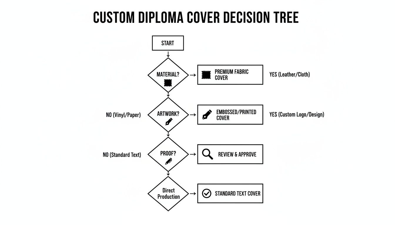 Flowchart for custom diploma cover design decisions, covering material, artwork, proofing, and production steps.