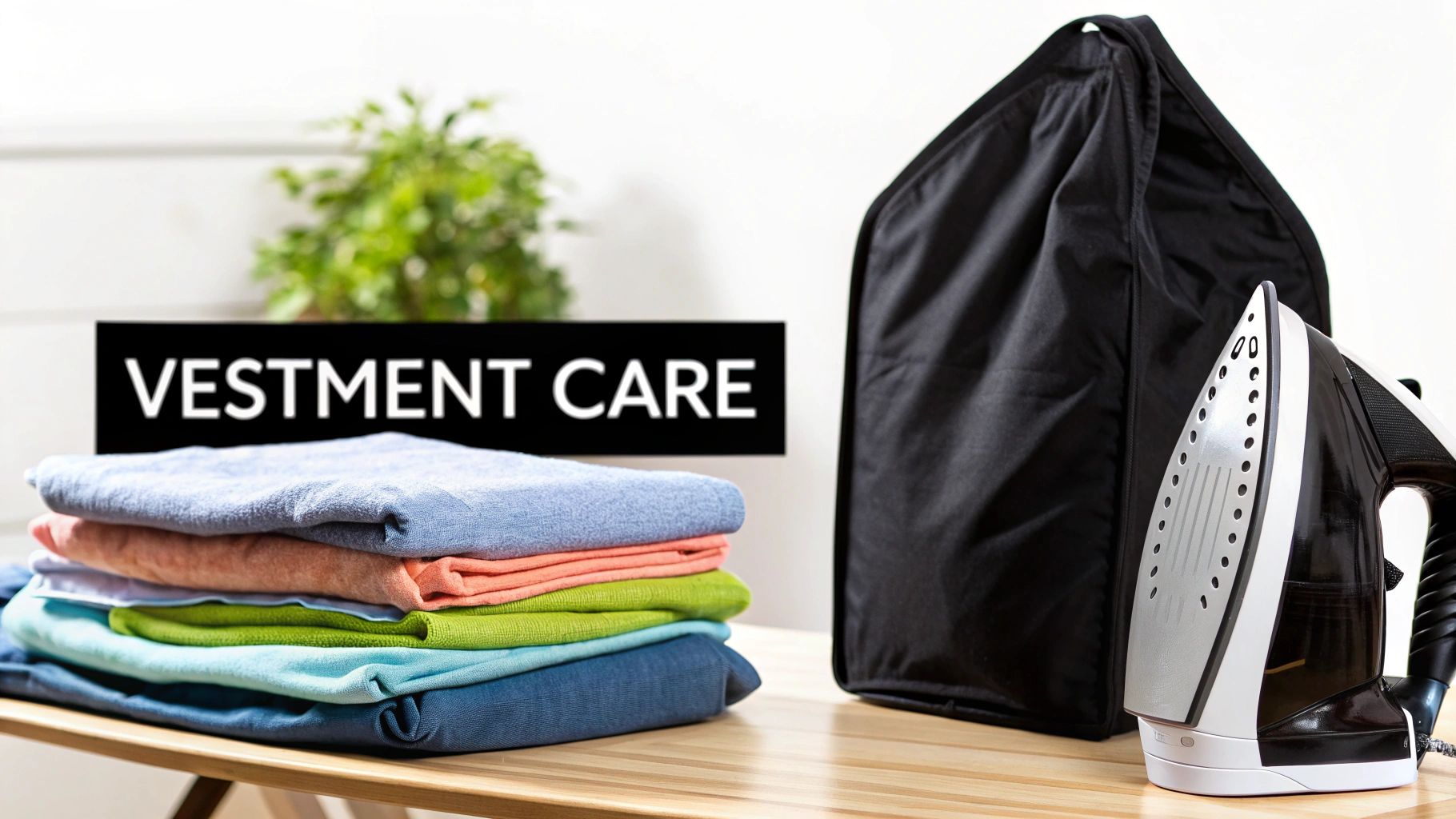 A stack of colorful folded clothes, an iron, garment bag, and a 'VESTMENT CARE' sign.
