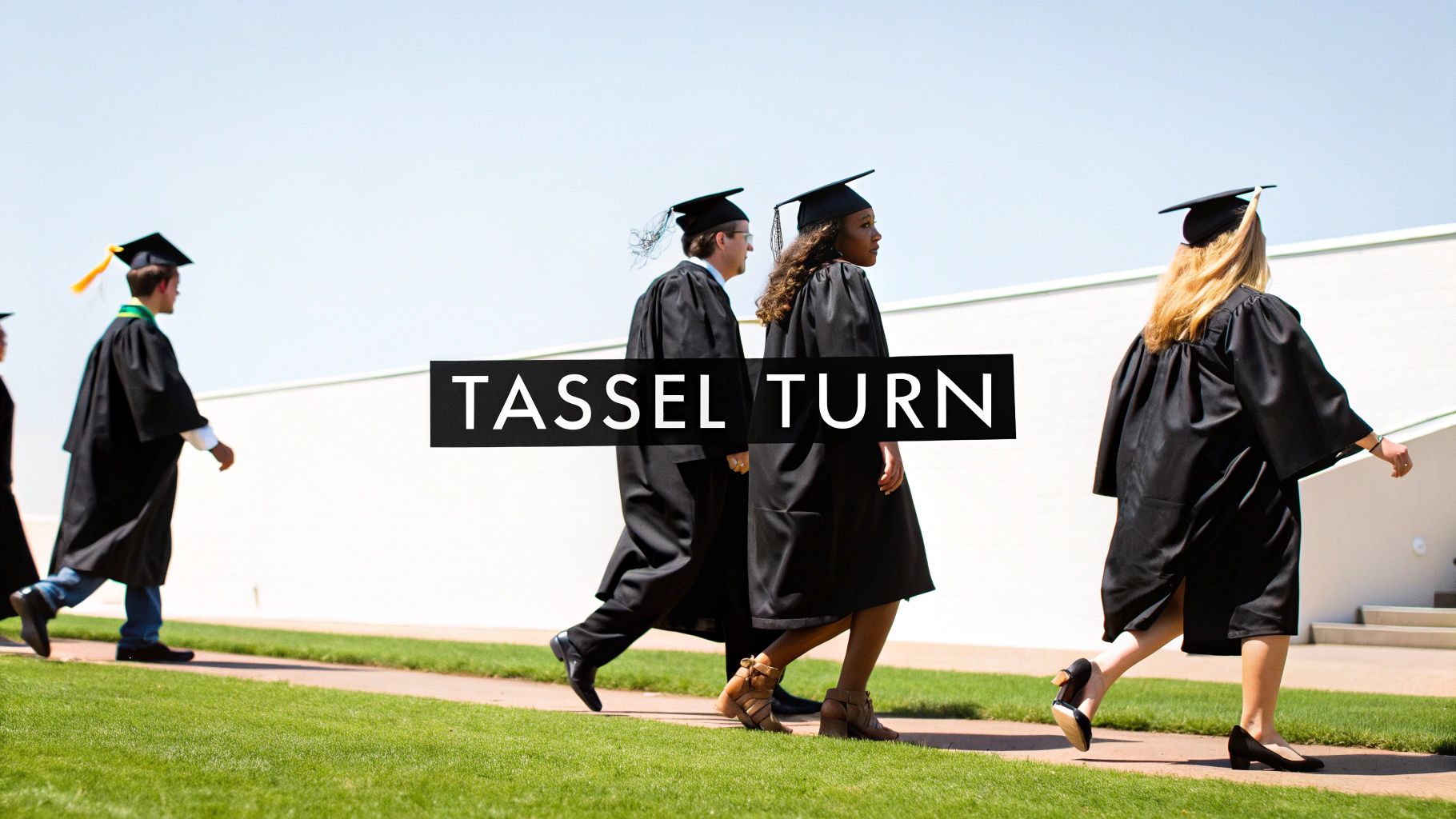 Graduates in black caps and gowns walking outdoors on a sunny day, with 'TASSEL TURN' overlay.