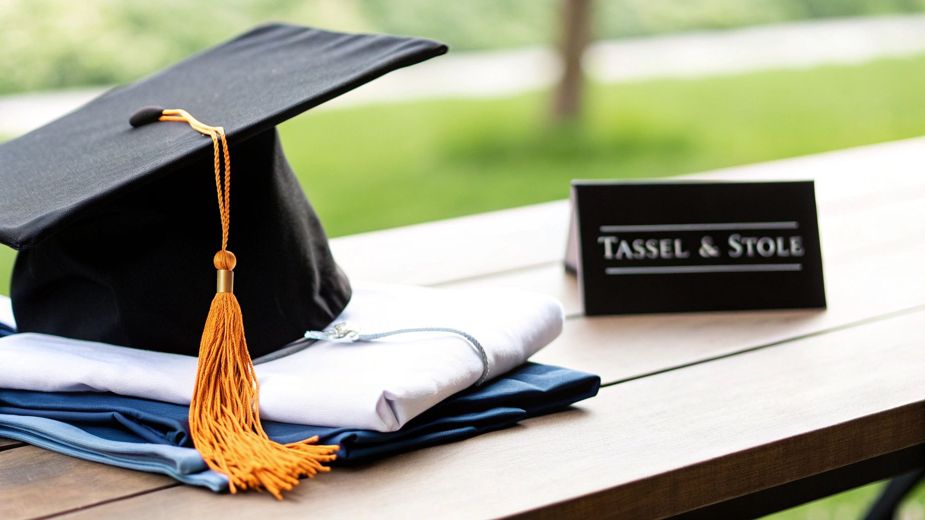 Black graduation cap with orange tassel on academic stoles next to a 'Tassel & Stole' sign.