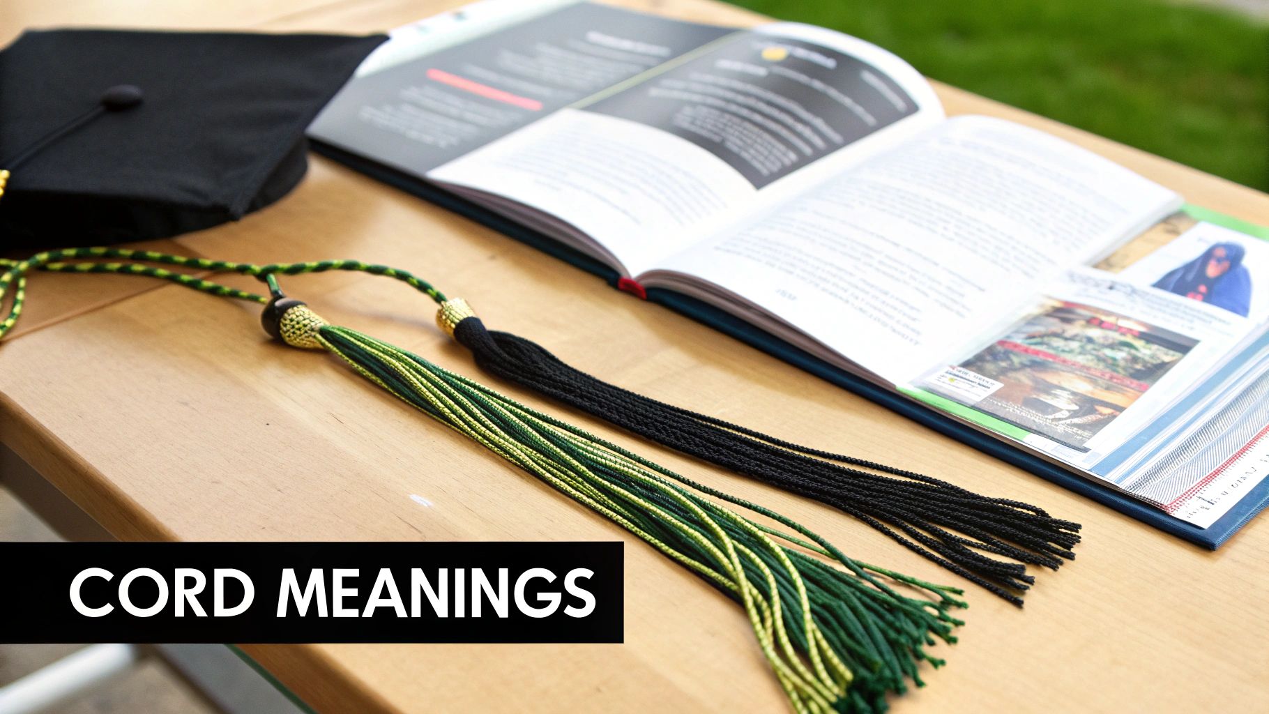 Graduation cap, green and yellow honor cord, and black cord next to an open book on a wooden table.