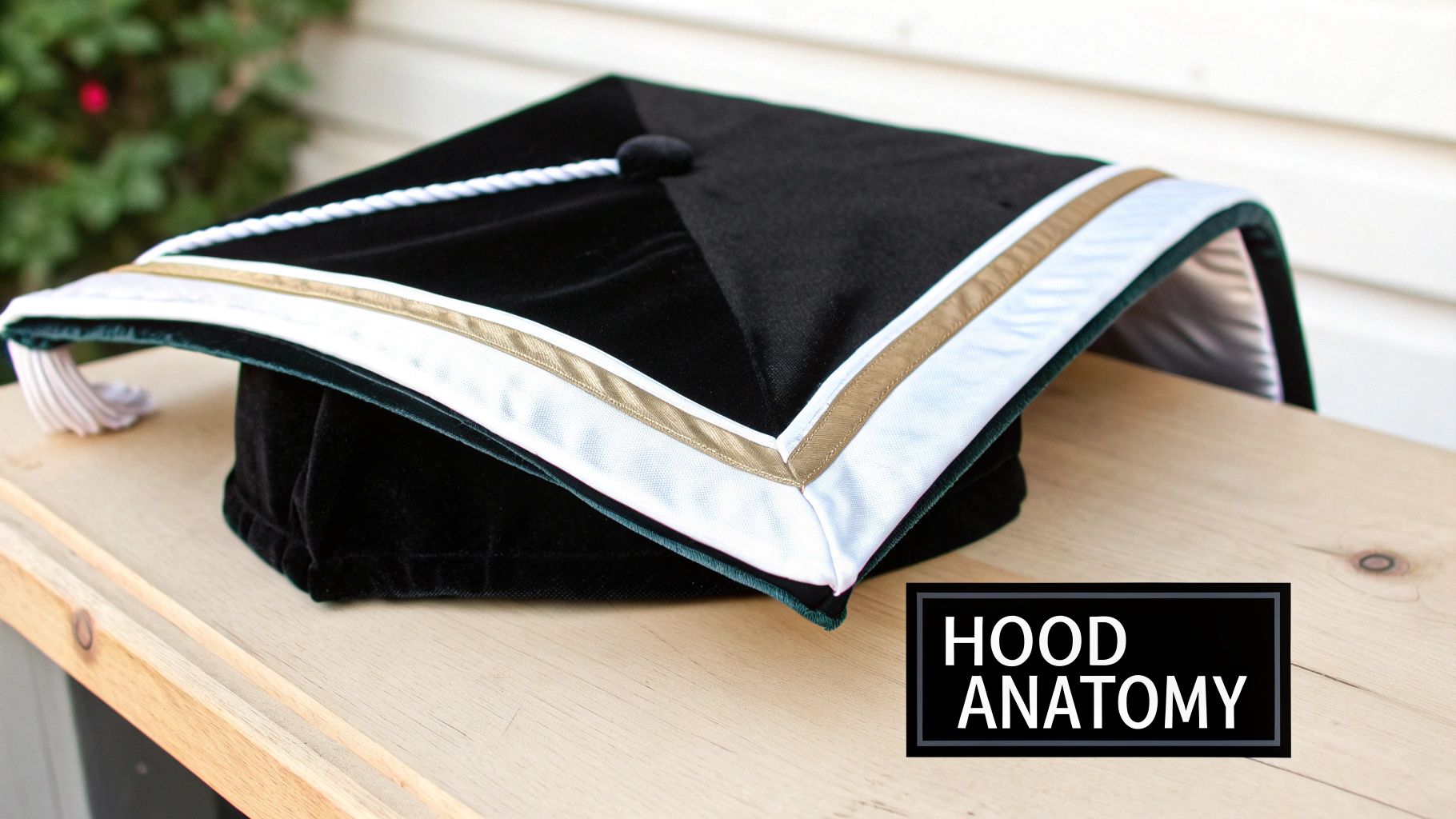 Close-up of a black velvet academic hood with white and gold trim on a wooden surface.