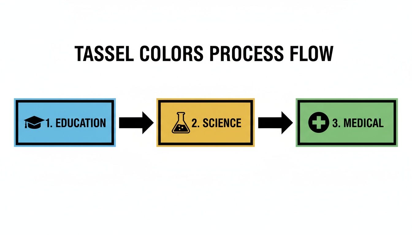 A process flow diagram illustrating tassel colors for education, science, and medical fields.