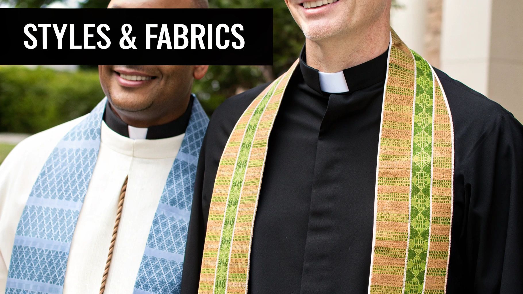 Two smiling clergy members showcasing different patterned stoles, highlighting various styles and fabrics.