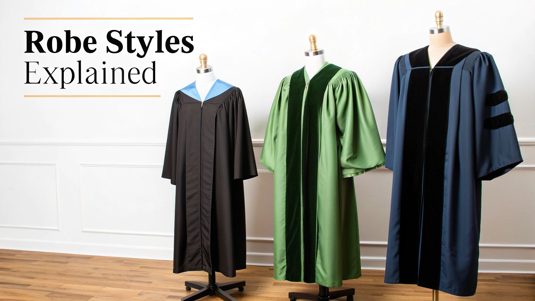 Three academic graduation robes displayed on mannequins showing different styles and colors with text overlay