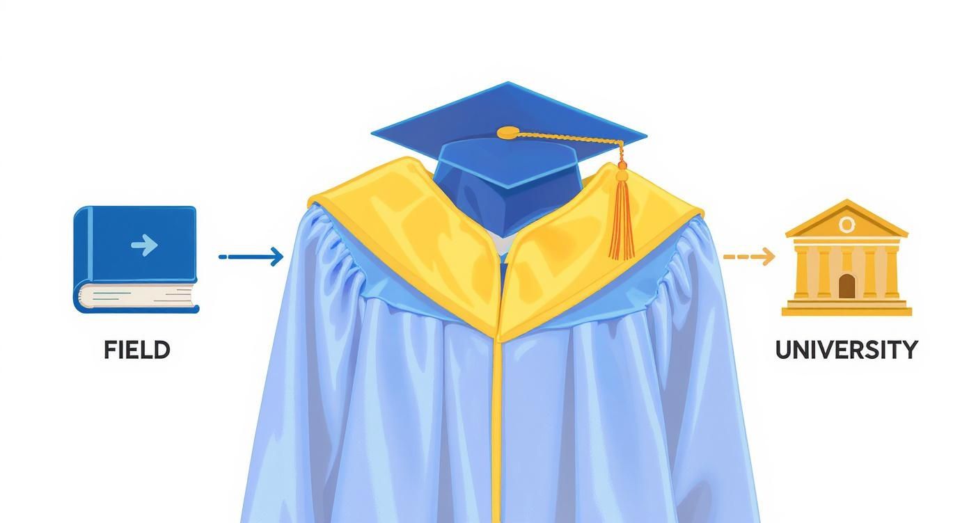 Infographic showing the process flow of graduation hood colors, linking the field of study to the university.