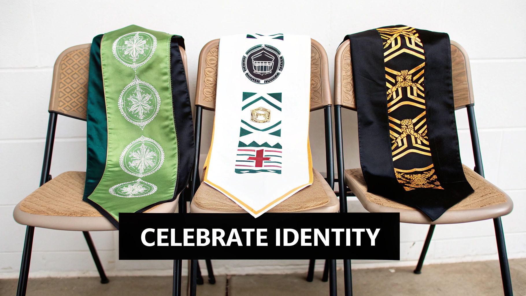 Three vibrantly decorated graduation stoles draped over chairs, celebrating identity and achievement.
