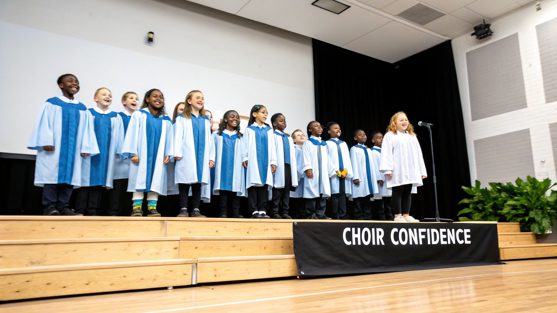 Diverse children's choir in robes performing on stage, a girl sings solo, 'Choir Confidence' banner visible.