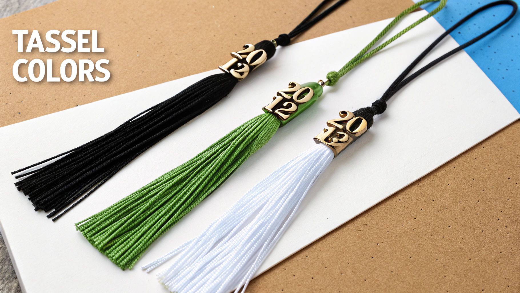 Three graduation tassels in black, green, and white, each featuring a gold '2023' charm.