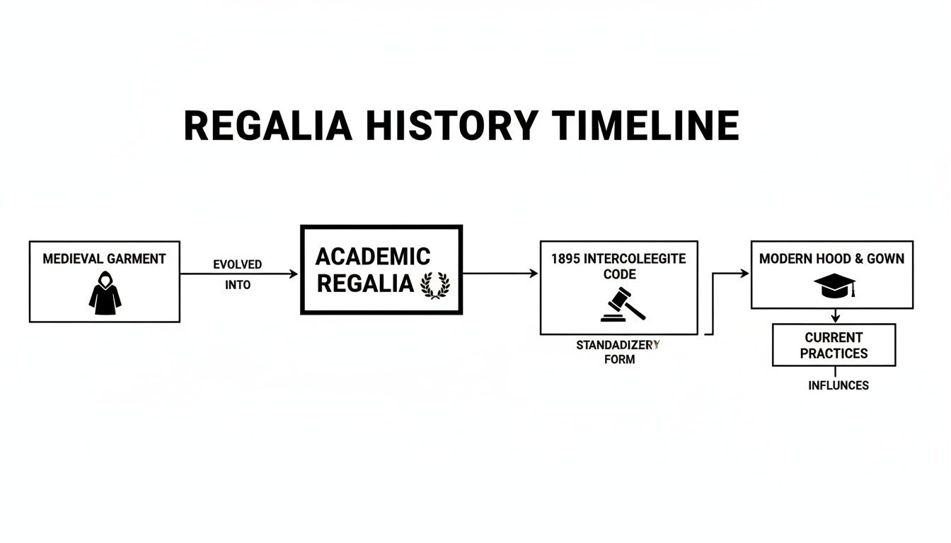 A timeline diagram showing the evolution of academic regalia from medieval garments to modern hoods and gowns.